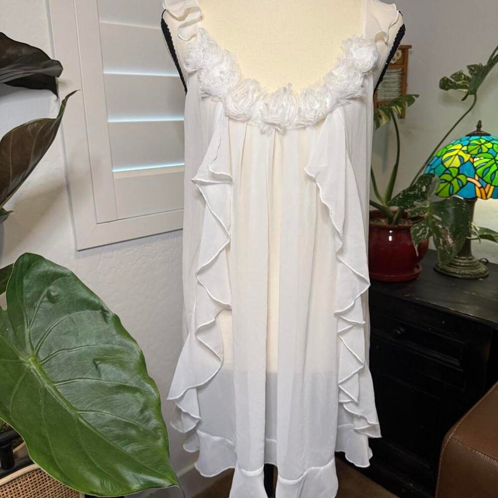 Y2K White Chiffon Rosette Ruffle Babydoll Dress Coquette Fairycore